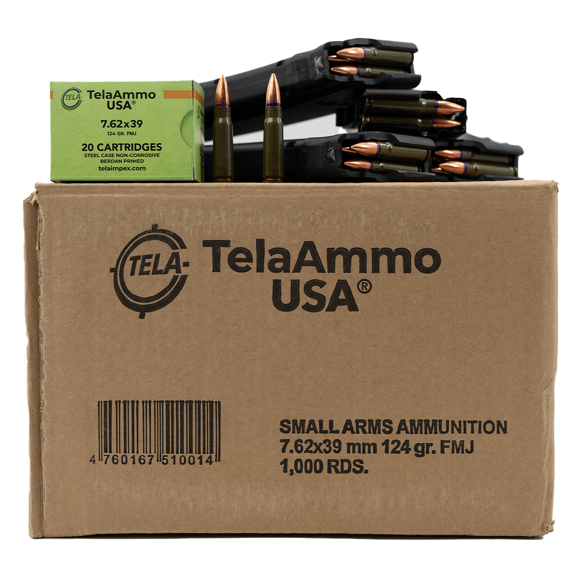 TelaAmmo Brand 7.62x39 FMJ Ammunition, 124 Grain FMJ, Steel Case